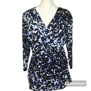 Larry Levine Faux Wrap Top EUC Size Medium Black White Blue
